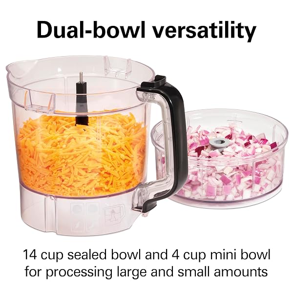 HAMILTON BEACH STACK & SNAP FOOD PROCESSOR AND VEGETABLE CHOPPER, STAINLESS STEEL BLADES, 14 CUP + 4-CUP MINI BOWLS, 3-SPEED 500 WATT MOTOR, BLACK (70585)
