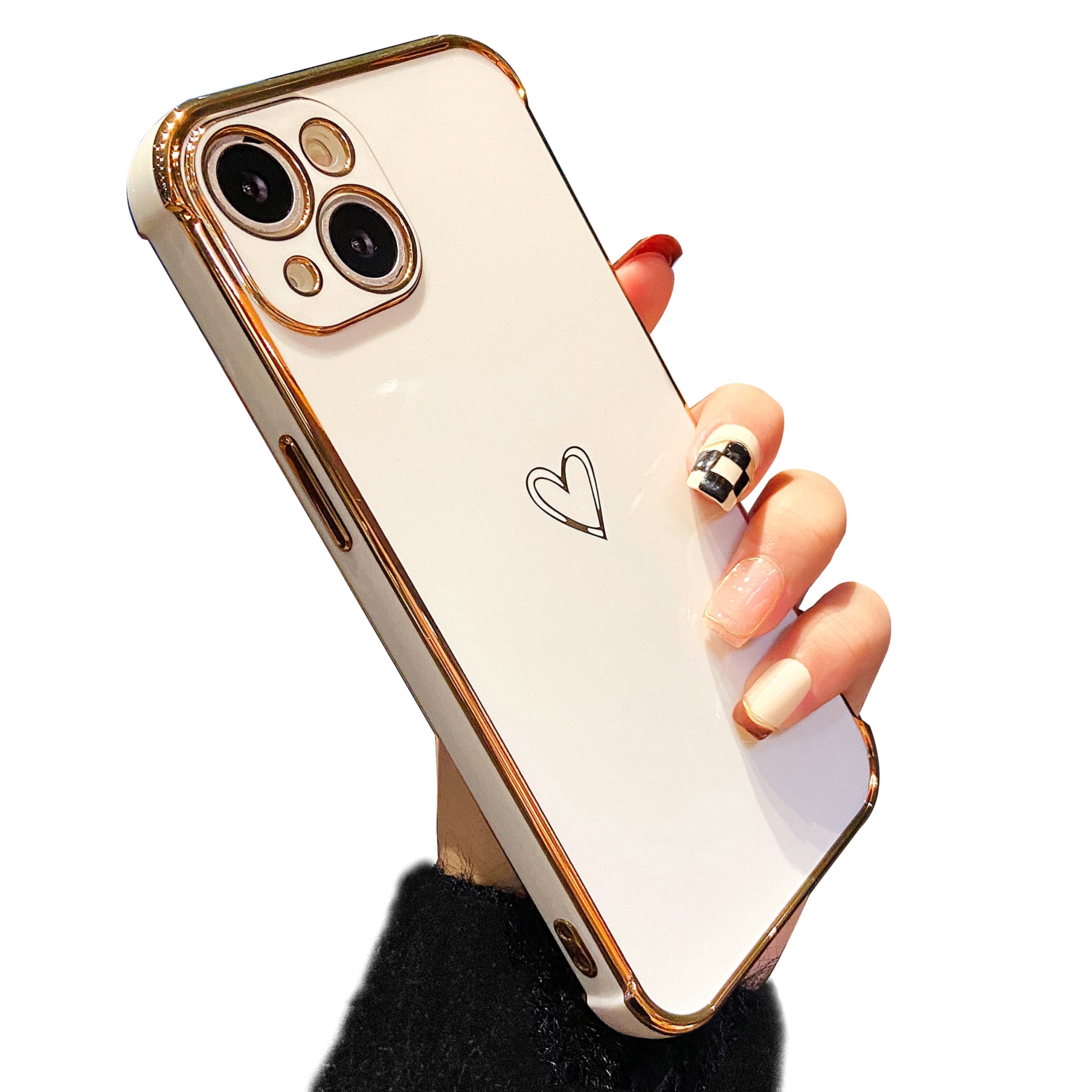 ZTOFERA Compatible with iPhone 13 Case for Girls Women, Flexible Silicone Phone Case with Cute Heart Pattern Electroplated Design Shockproof Protective Bumper Cover for iPhone 13, White — image 1