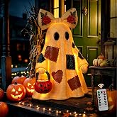 14in Halloween Decorations Indoor Lighted Patchwork Ghost Table Lamp | Floral bow decor, pumpkin bucket, remote included, LED lighting, USB &amp; battery dual power, halloween home decor