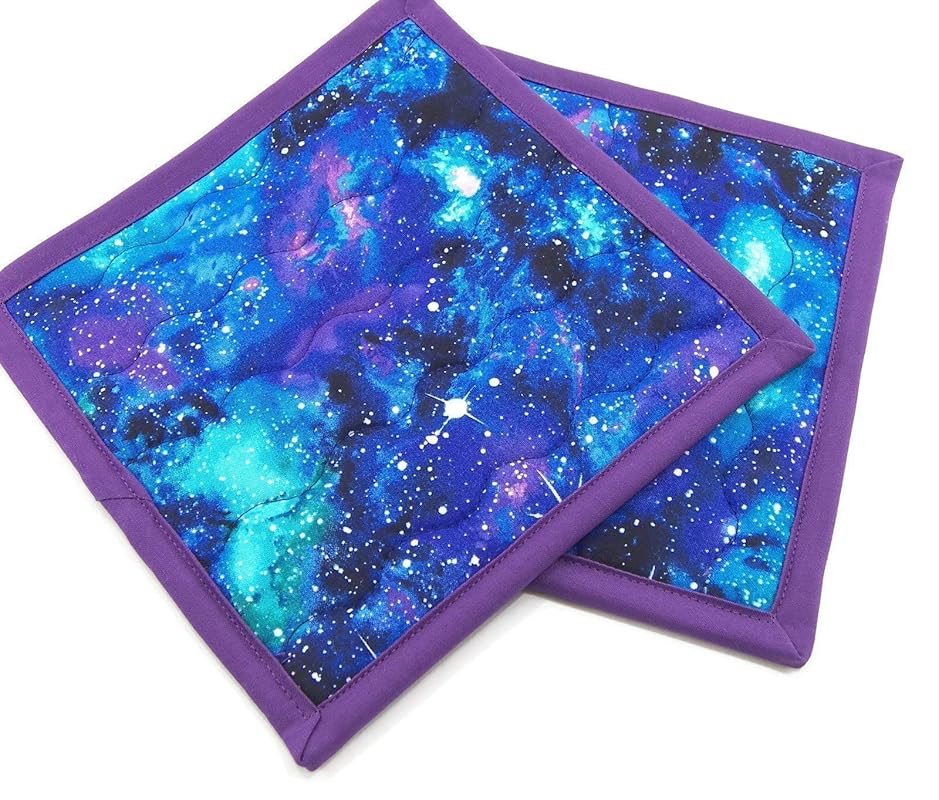 Galaxy Pot Holders Set of 28 Inch Square Cotton Fabric in Blue, Purple and Green