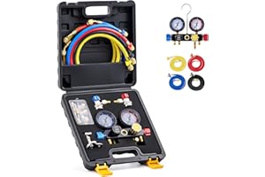 Orion Motor Tech 4 Way AC Gauge Set for R410a R22 R134a Refrigerant, 4 Valve Automotive AC Manifold with 5ft Hoses, R410a Adapters, Can Tap