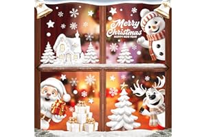 AhfuLife Christmas Window Clings, 147 PCS Large 3D Reusable Window Stickers for Glass, 9 Sheets Double Sided Santa Claus Snowman Reindeer Snowflakes Stickers for Party Decorations
