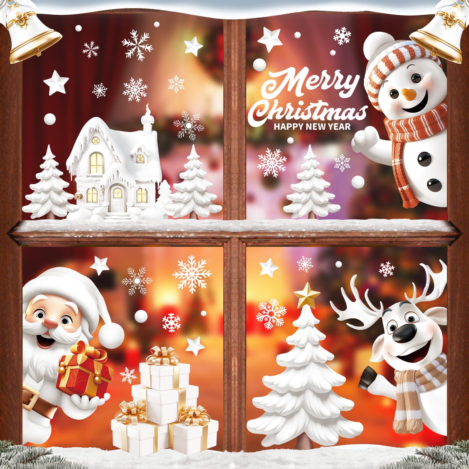 AhfuLife 3D Christmas Window Stickers, 9 Sheets Christmas Window Clings Santa Claus Rudolph Snowman for Christmas Decorations, Double Sided Reusable White Stereo Static Stickers for Xmas Party