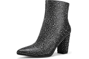 Rollda Rhinestone Boots for Women Glitter Ankle Boots Pointed Toe Block Chunky Heel Boots Sparkly Booties