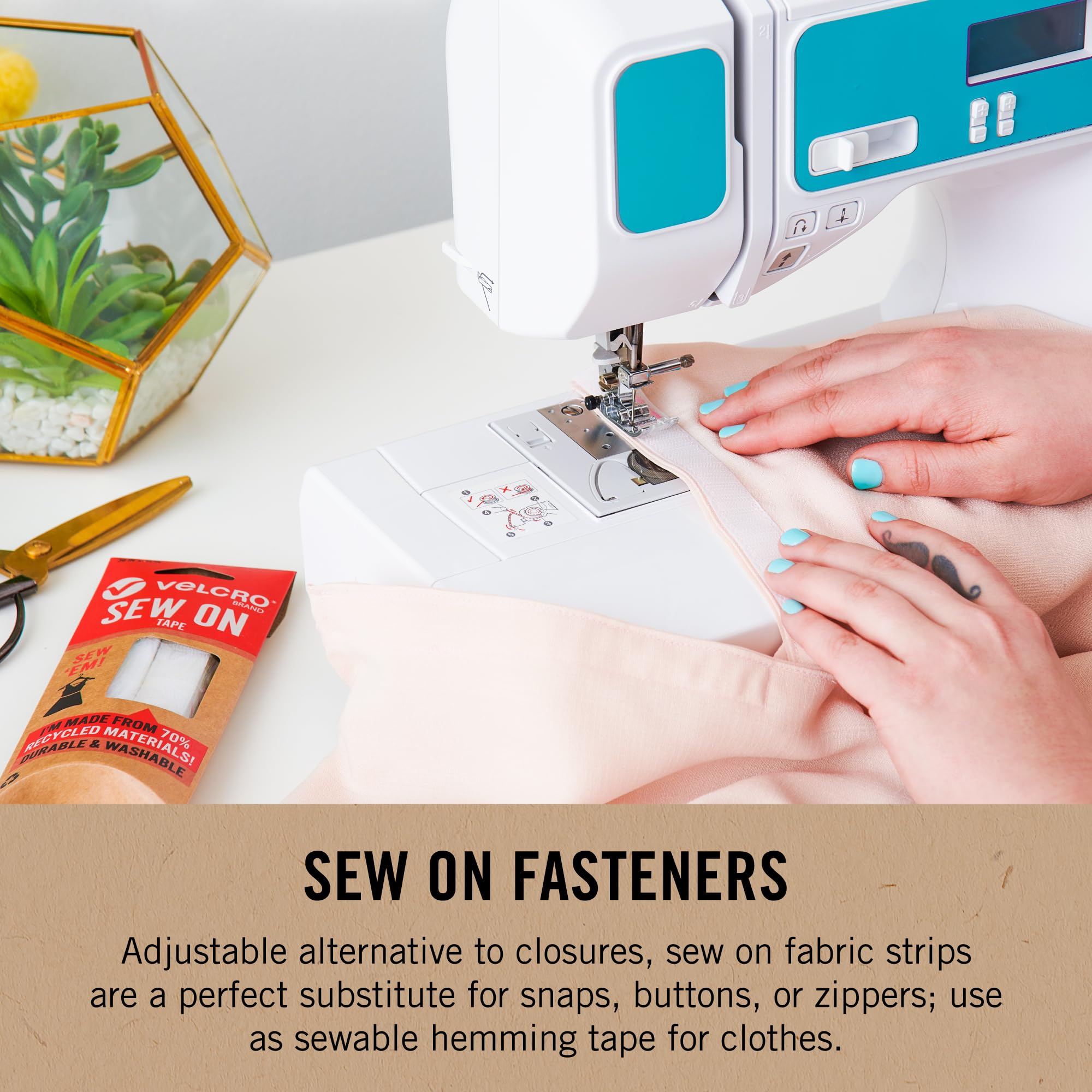 VELCRO Brand ECO Collection Tapes, Sew On Tape for Clothes and Fabrics | Non Adhesive, Cut Strips to Custom Length for Sewing | 15ft x 3/4in Roll, White