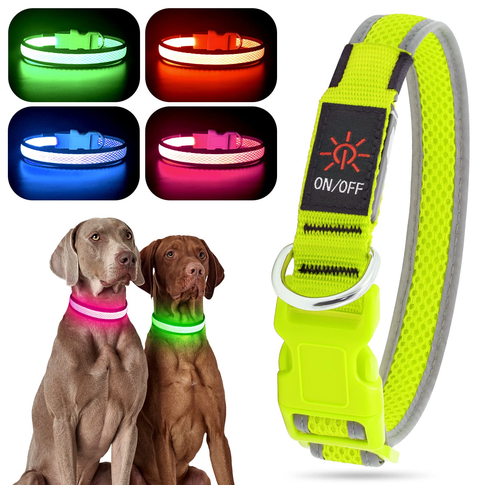 YFbrite Light up Dog Collar, USB Rechargeable LED Pet Collar, Flashing Night Visibility Neckwear, Adjustable Reflective Collar Glow in the Dark for Safety Glowing (Green, Large)