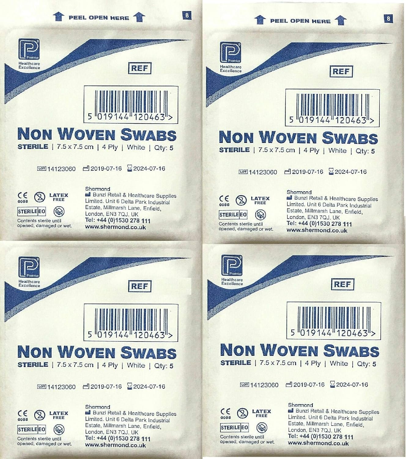 Premier 1860A 4 Ply Sterile Absorbent Non Woven Swab, 7.5cm x 7.5cm, 5 Count (Pack of 40), 7.5 x 7.5 cm (5 Count, Pack of 40)