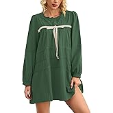 MISSACTIVER Women Long Puff Sleeve Flowy Mini Dress Cute Bow Tie Front Babydoll Dress Trendy Embroidered A-line Tunic Dresses