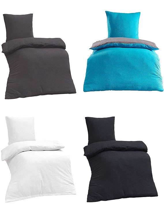 Baumwolle Seersucker UNI Bettwäsche Bügelfrei in 4 Farben, 4 tlg. Set 2x 135x200 + 2x 80x80 cm Weiss