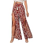 Floerns Women's Ditsy Floral Tie Front Wide Leg Wrap Long Pants