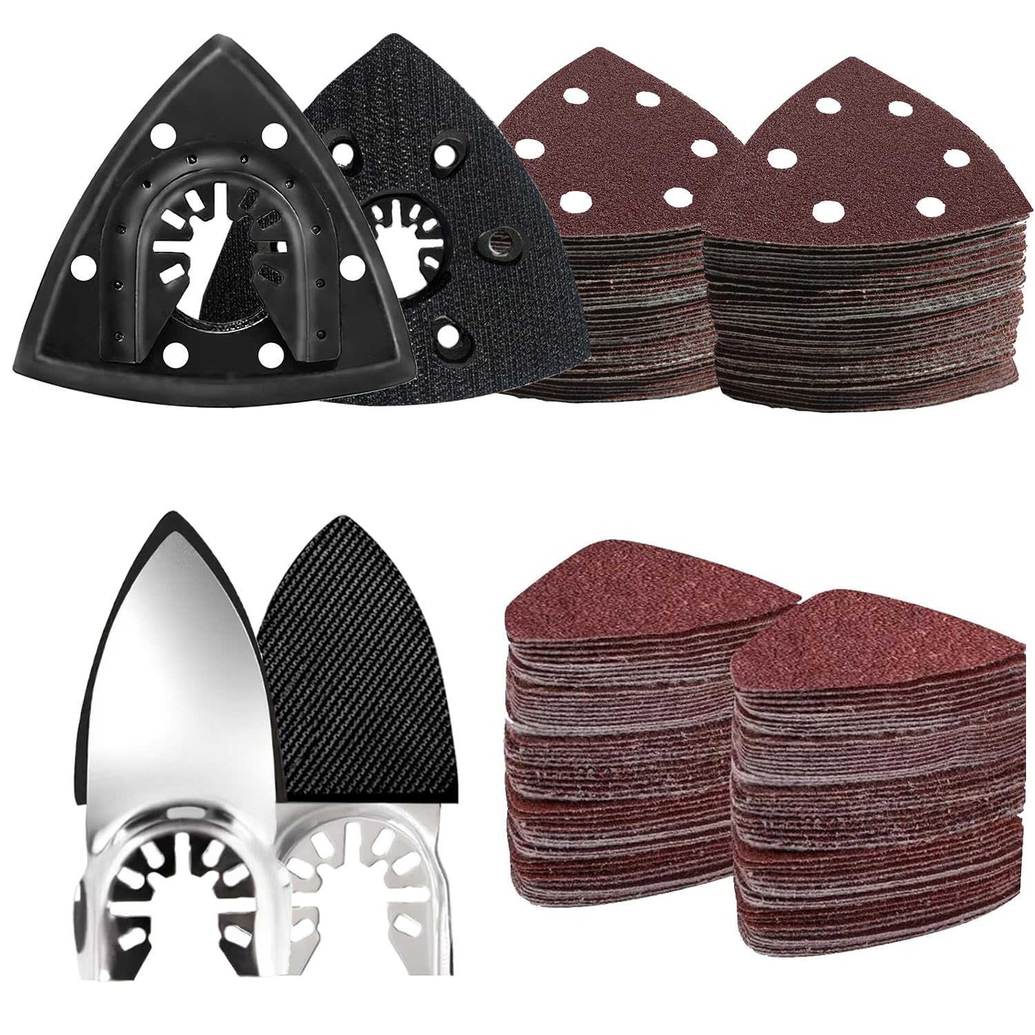 LEILUO 127 Pcs Multi Tool Sanding Pad Kit 2Pcs 3-1/2 Inch Triangle Sanding Pads 2Pcs Fingertip Sand Pad 120Pcs Sandpaper 3Pcs Adapters Compatible with DeWalt Dremel Milwaukee and More