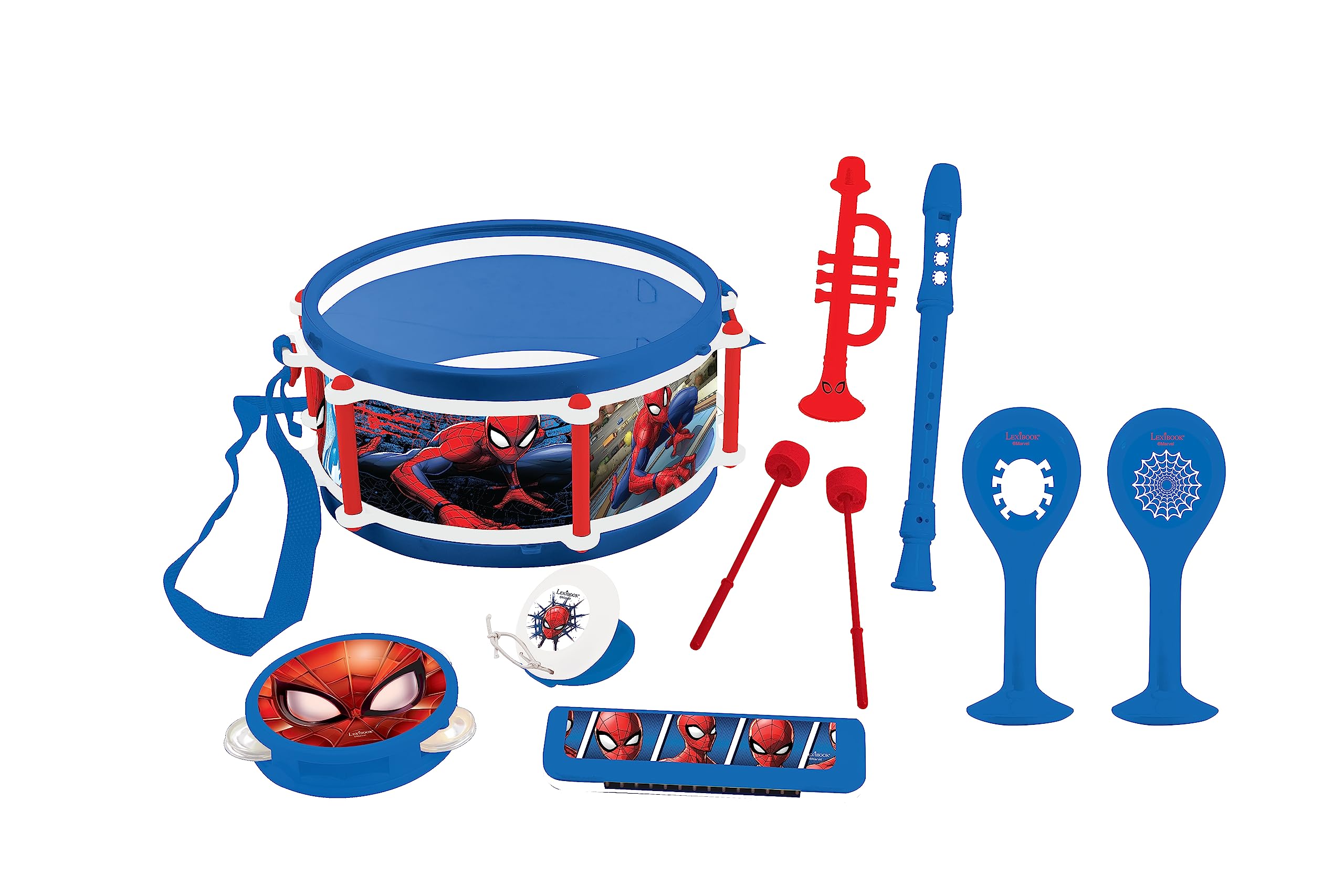Lexibook, Spider-Man, Set of 7 music instruments (Drum, Maracas, Castanet, Harmonica, Recorder, Trumpet, Tambourine), Musical Toy, Convenient game to carry, Blue/Red, K360SP