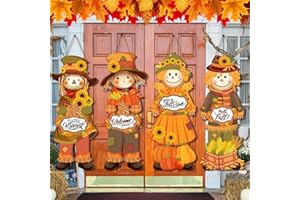 Seeloowy 4 Pcs Fall Thanksgiving Decoration Outdoor Scarecrow Decoration Thanksgiving Hanging Decoration Fall Wooden Scarecrow Wall Decor for Home Indoor Porch Front Door 10 x 25.6inch