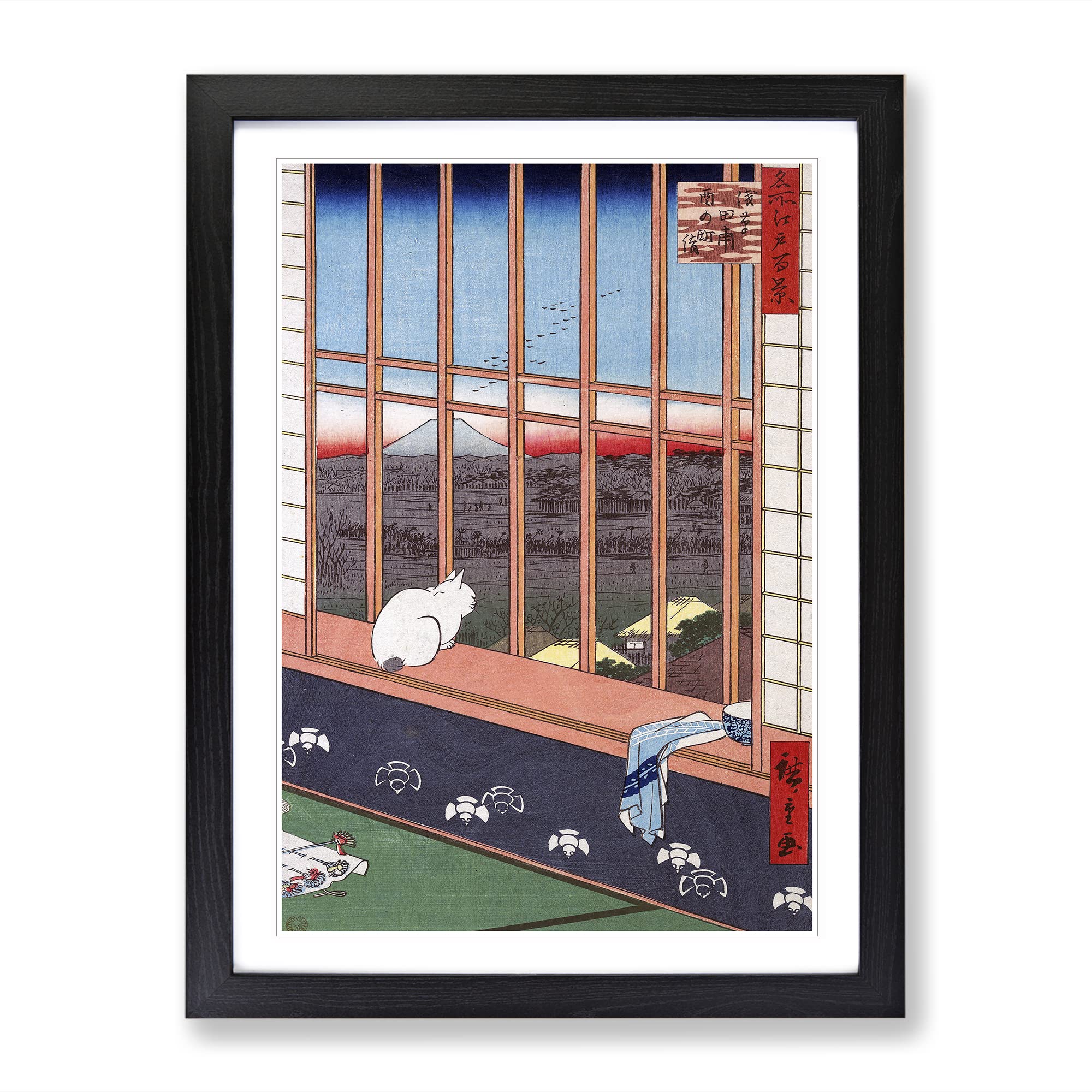 Cat At The Window By Utagawa Hiroshige Asian Japanese Framed Wall Art Print, Ready to Hang Picture for Living Room Bedroom Home Office Décor, Black A4 (34 x 25 cm)
