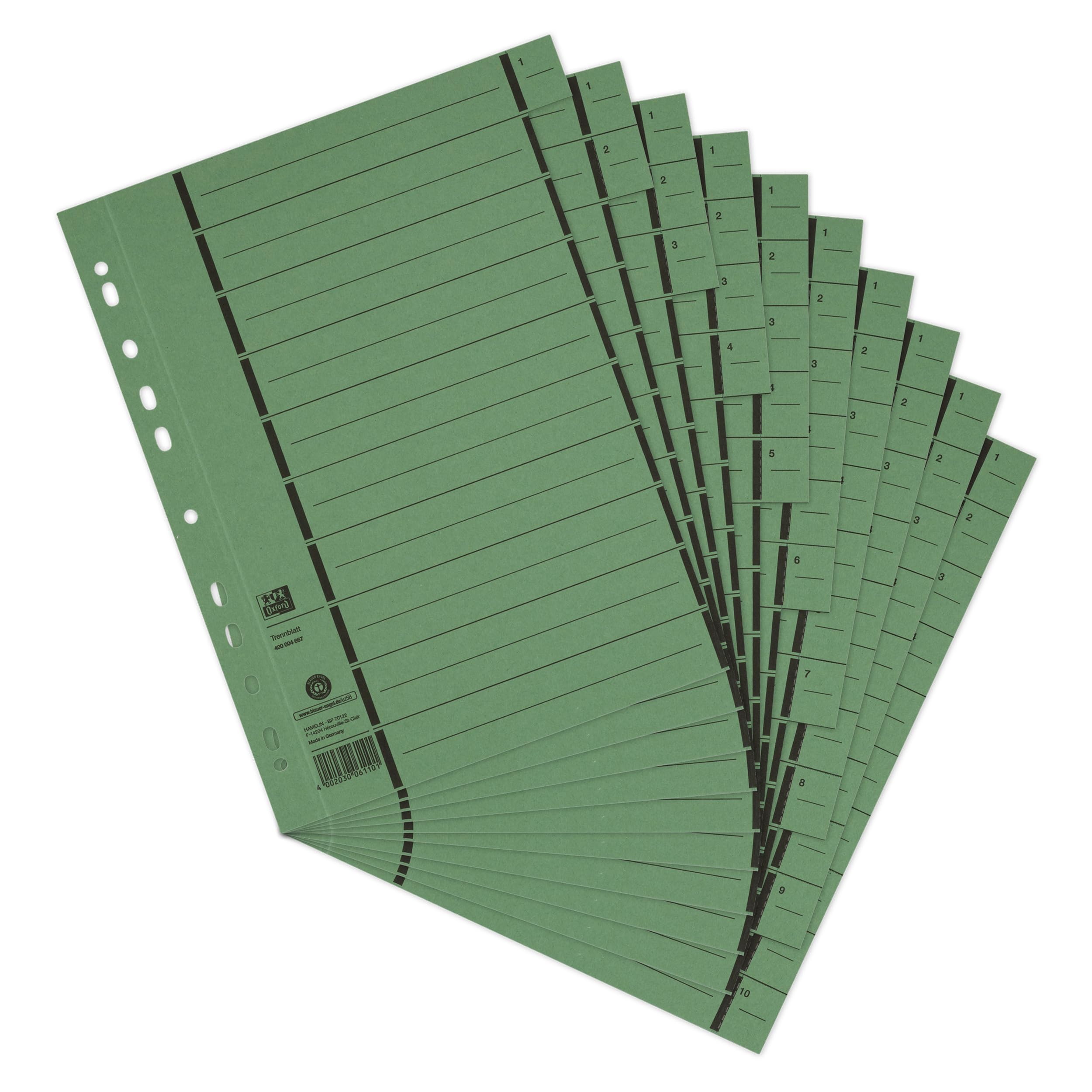 Elba 06456GN Reference Dividers Perforated Numbered 1–10 Lined Imprint Recycled Cardboard Pack of 100 Green