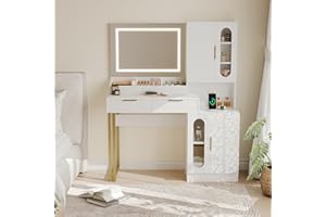 Garvee Vanity Desk with Mirror and Lights, Makeup Vanity with Power Strip, 2 Drawers and Shelves Cabinet, Tri-Color LED Light