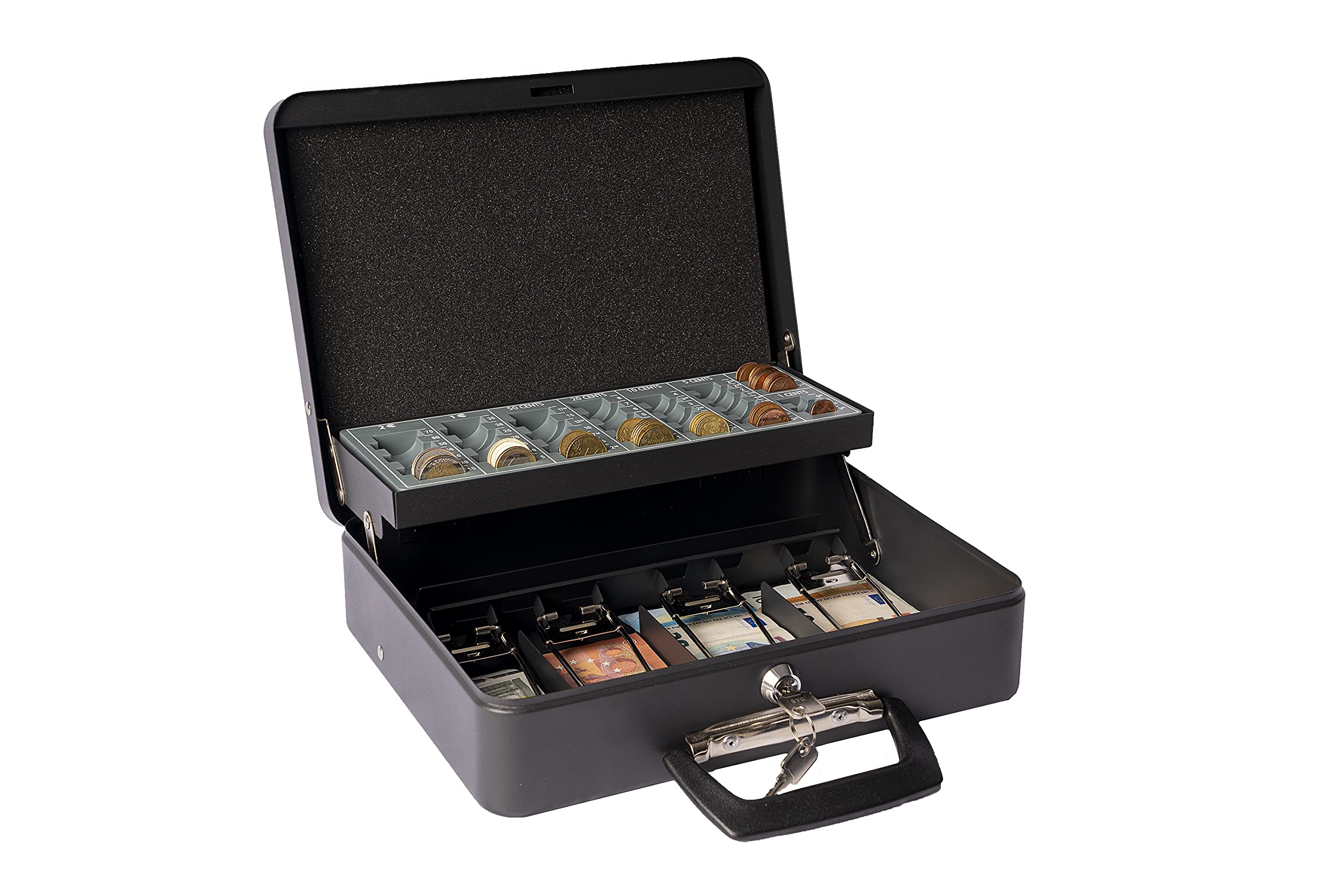 ARREGUI Cashier Clip C9244H-EUR Cash Box with Euro Coin Insert Steel Cash Box 30 cm Wide with Carry Handle Cash Box with Coin Counting Tray and 4 Note Compartments with Clip Black