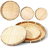 6 pcs Handmade Bamboo Woven Basket Tray, Woven Fruit Basket, Shallow Food Storage Serving Trays, Round Bamboo Tray for Serving, Round Flat Wicker Baskets for Breakfast, Fruit, Snacks