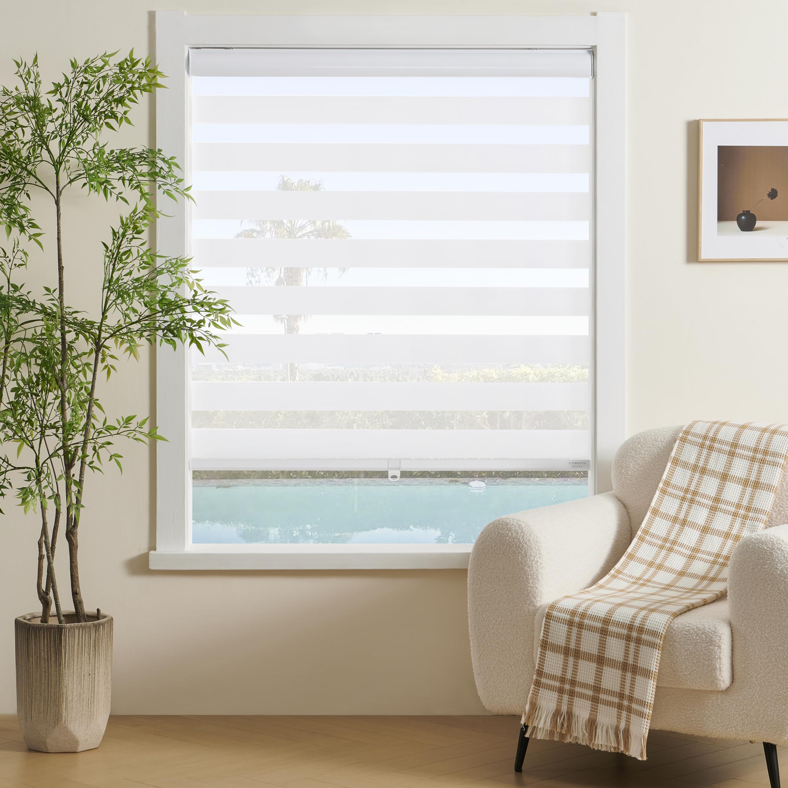 Photo 1 of ***Missing bracket*** TEXTILE Cordless Zebra Blinds for Indoor Windows Free-Stop Zebra Shades Dual Layer Light Filtering Sheer Shades Roller Window Blinds for Home (59" W X 72" H, White)