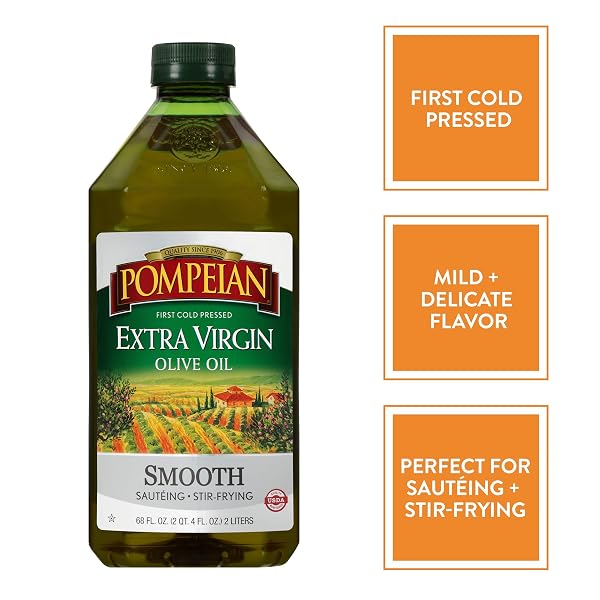 POMPEIAN SMOOTH EXTRA VIRGIN OLIVE OIL, FIRST COLD PRESSED, MILD AND DELICATE FLAVOR, PERFECT FOR SAUTEING AND STIR-FRYING, NATURALLY GLUTEN FREE, NON-ALLERGENIC, NON-GMO, 68 FL. OZ., SINGLE BOTTLE