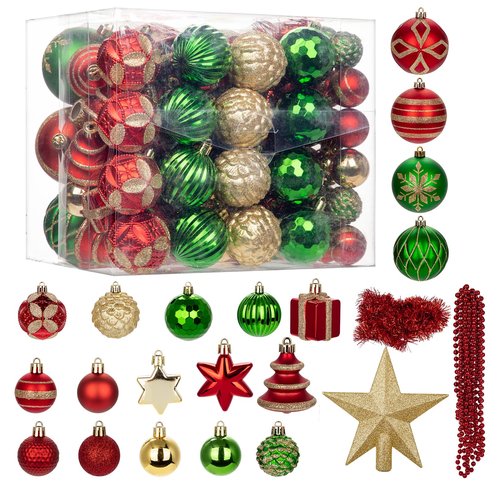 Photo 1 of 100PCS Christmas Ornaments Set Red & Green – Shatterproof Xmas Tree Decorations Balls Kit with Tree Topper Star, Tinsel Garland, Hanging Baubles for Holiday Party Décor Indoor Outdoor