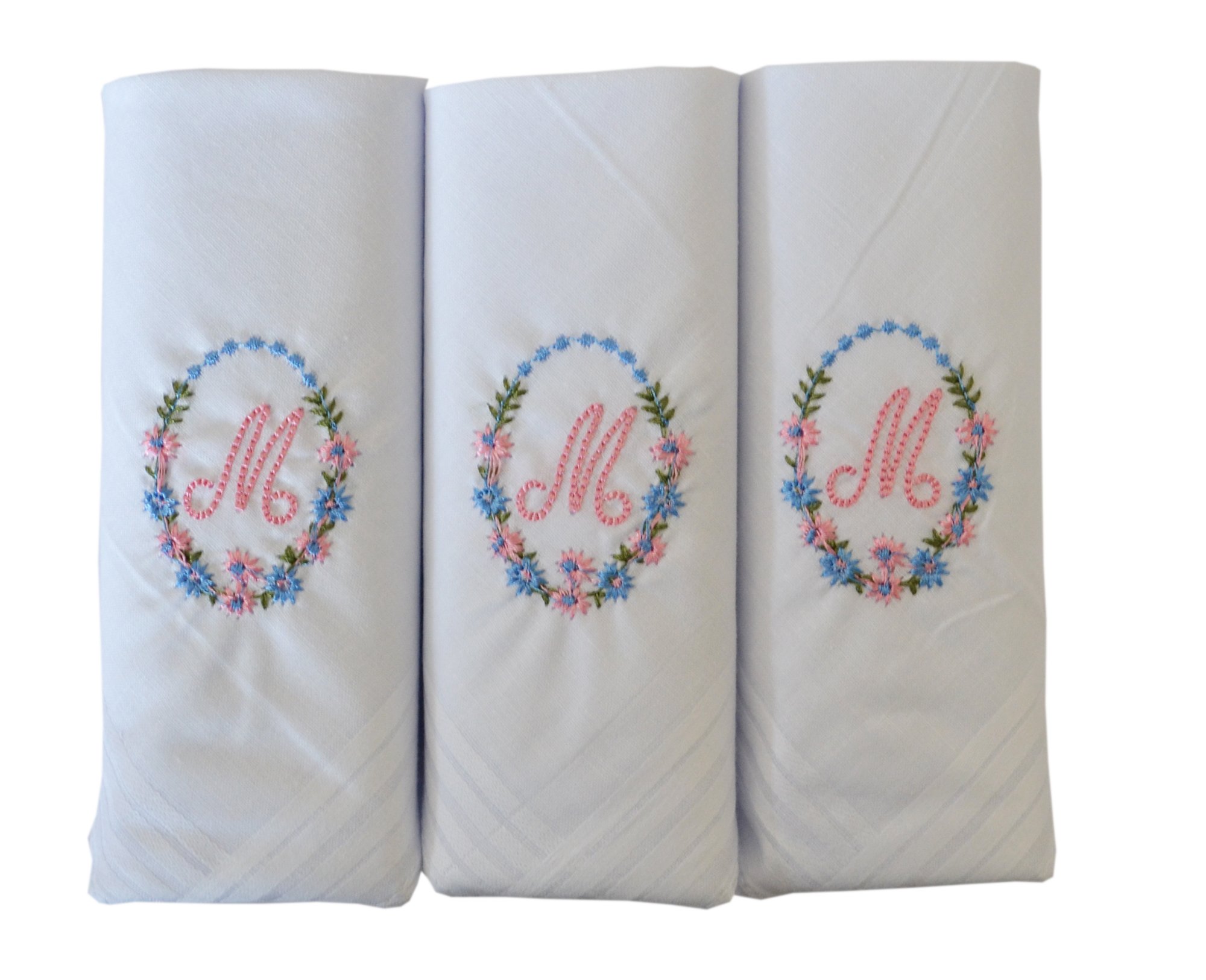 3 Pack Of Womens/Ladies Embroidered Initials Handkerchiefs With White Satin Border, M