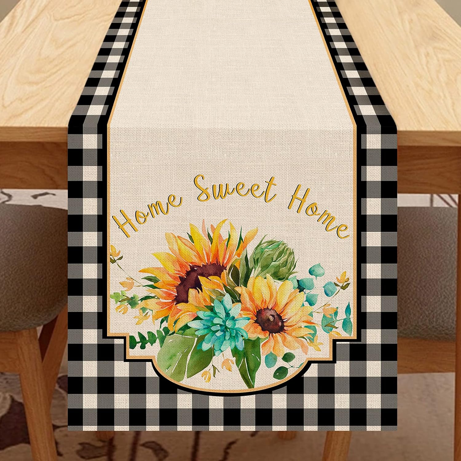 Seliem Watercolor Summer Sunflower Table Runner, Black White Buffalo Plaid Check Table Scarf Home Sweet Home Kitchen Dahlia Flower Decor Sign, Farmhouse Burlap Dining Decoration Party Supplies 13 X 72