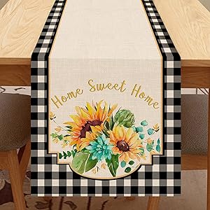 Seliem Watercolor Summer Sunflower Table Runner, Black White Buffalo Plaid Check Table Scarf Home Sweet Home Kitchen Dahlia Flower Decor Sign, Farmhouse Burlap Dining Decoration Party Supplies 13 X 72