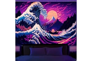 Manicer Japanese Sea Wave Tapestry, Blacklight Kanagawa Neon Sunset Ocean Tapestries Wall Hanging, UV Reactive Cool Tsunami T