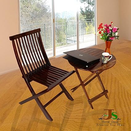 Strata Furniture Sheesham Wood Dining Set Buck Folding Chairs and Round Table for Living Room | Set of 2, Brown