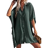 Ekouaer Women's Swimsuit Cover Up 3/4 Sleeve Beachwear Bikini Coverups Button Down Oversized Cover Up Shirt S-3XL