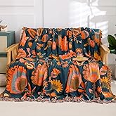 Snycler Boho Throw Blanket for Bed, 100% Organic Cotton Muslin Soft Throw-Orange Boho Floral Farmhouse Rustic Spring Summer Fall Decor Blanket for Couch Sofa Quilt and Gift, 60" x 80"