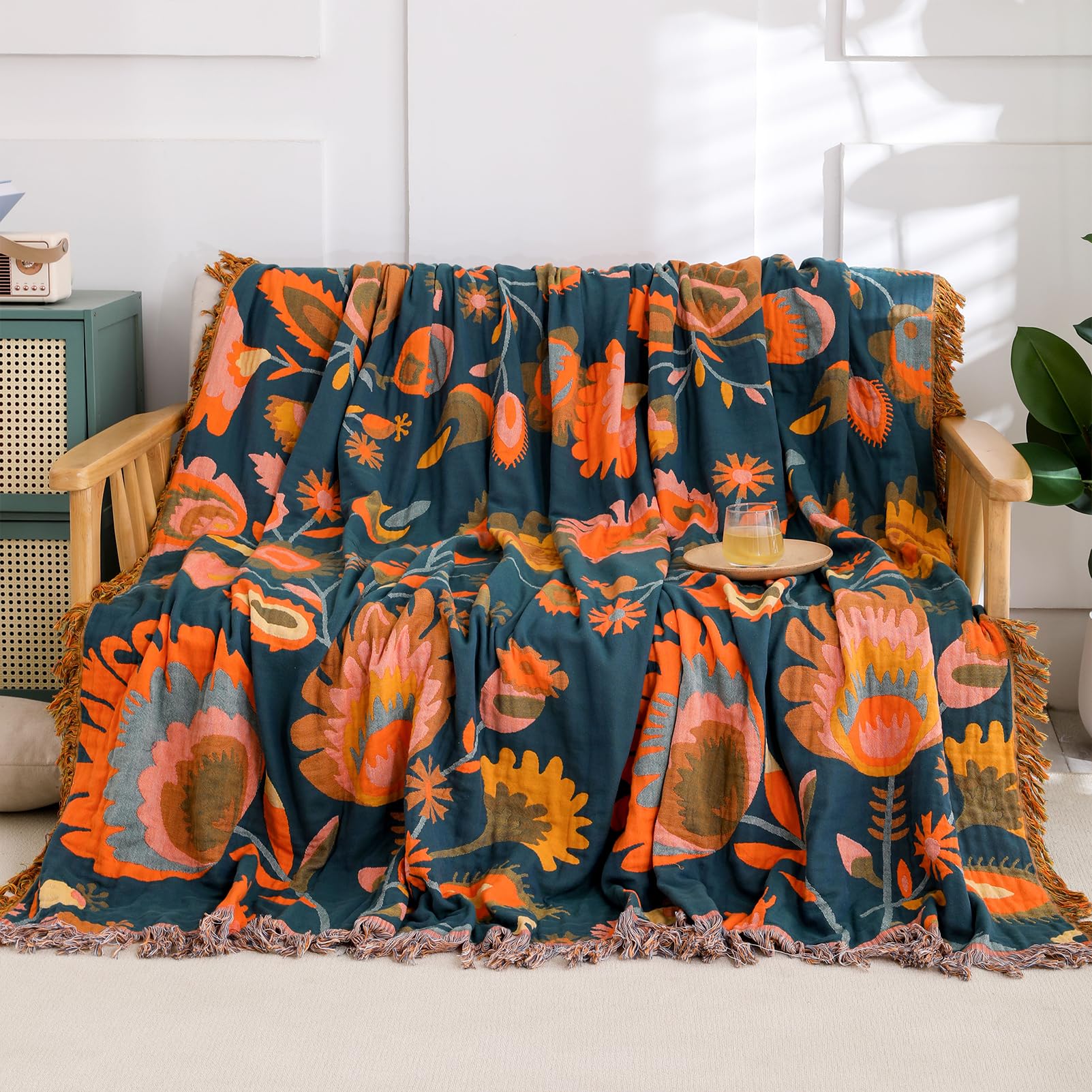 Snylcce Double-sided Bohemian Large Throw Blanket - 100% Organic Cotton Handwoven Bed & Sofa Throw, Cozy Boho Accent for 2-3 Seater Couches and Armchairs - 200x230cm, Vibrant Orange