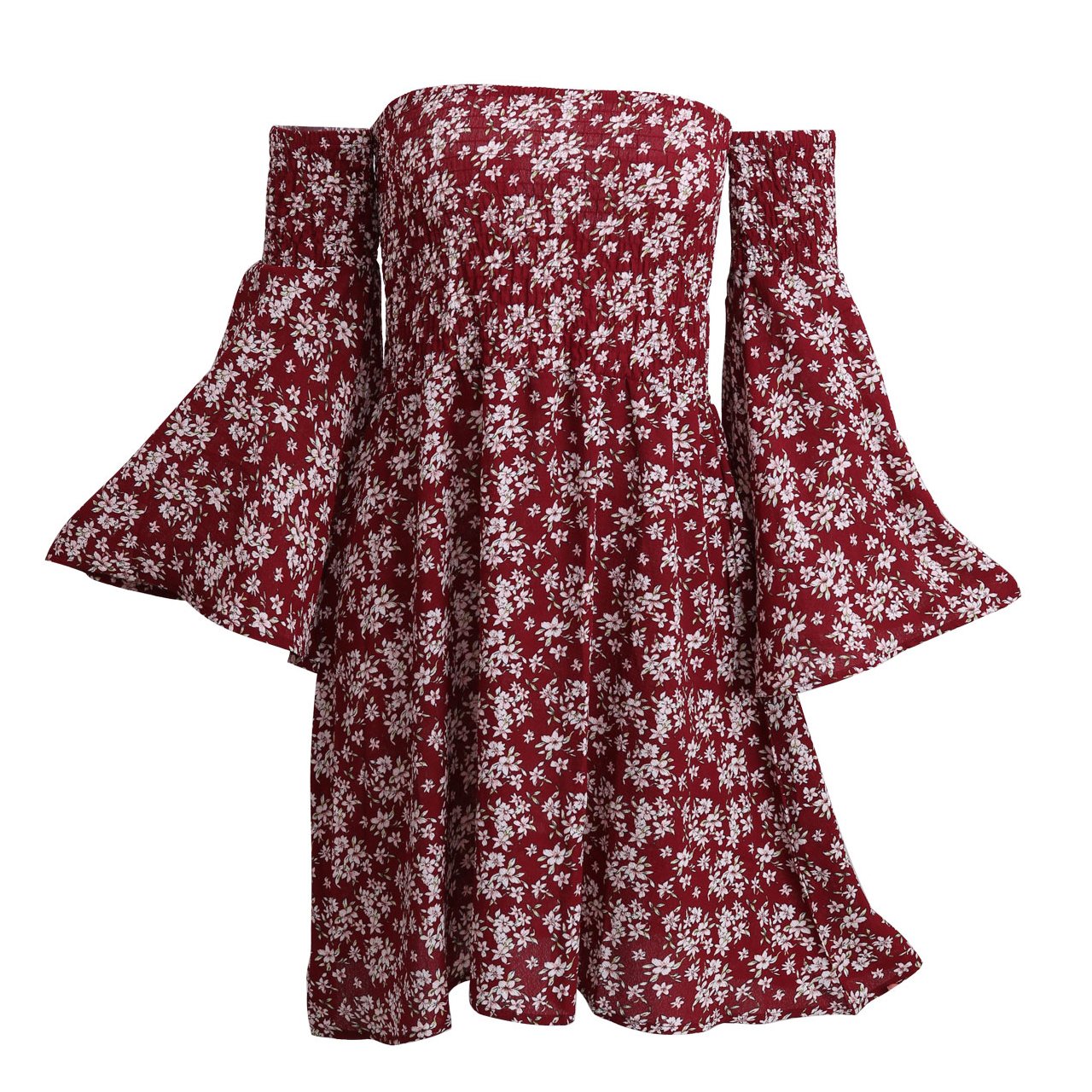 CHIC DIARY Women Sexy Off Shoulder Mini Dress Warp Chest Flare Sleeve Floral Dress (L)