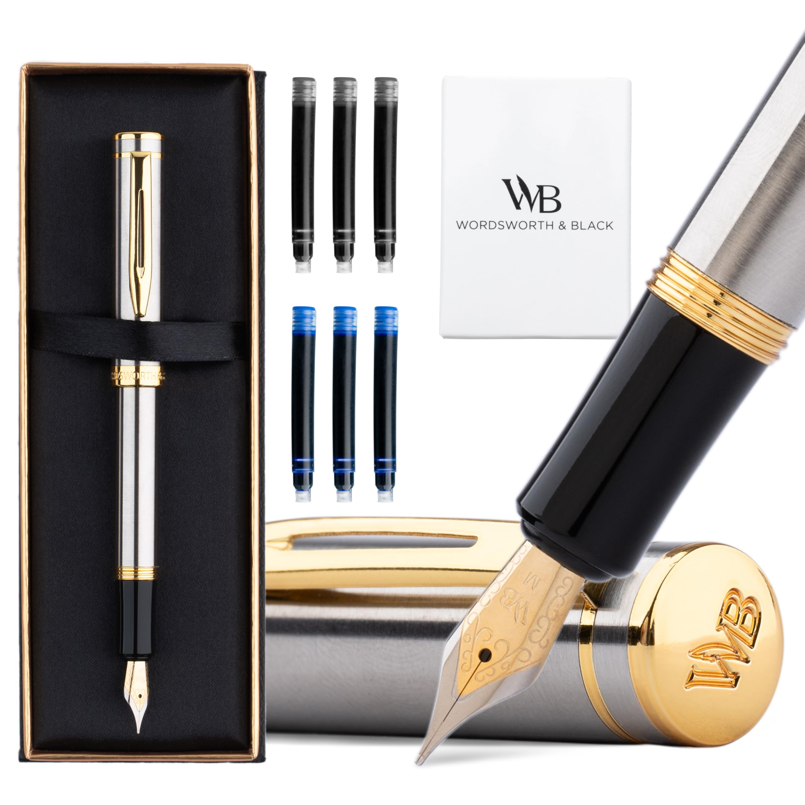 Wordsworth and Black Fountain Pen Mini EDC: Luxury Silver Heavy Pocket Pen, Gold Finish, Medium Nib, 6 Ink Cartridges, Ink Converter, Travel Refillable Writing Pen Gift Set, Men & Women
