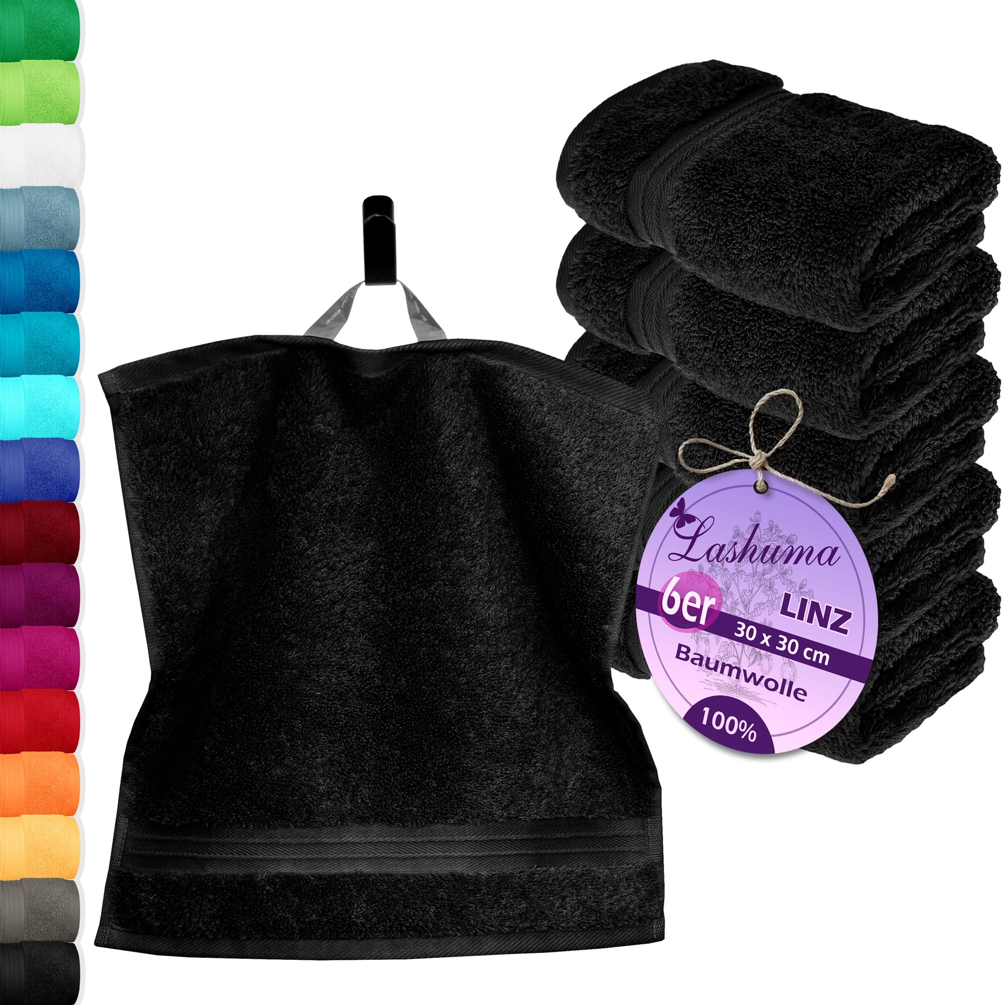 Lashuma face cloths flannels black, 6 pieces of wash cloths 100% cotton, Linz terry towels 30x30 cm