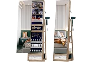 Vlsrka Full Length Mirror with Jewelry Armoire Storage - 360 Rotating Standing Jewelry Organizer Cabinet with Interior LED Lights, Sliding Mirror & Large Capacity for Bedroom (Brown)