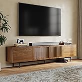 POVISON Full Assembled Mid-Century Modern TV Stand with Slatted Doors, Wood Media Console for 80 85+ Inch TV, TV Console with Tall-cast Metal Legs, Entertainment Center with Storage for Living Room