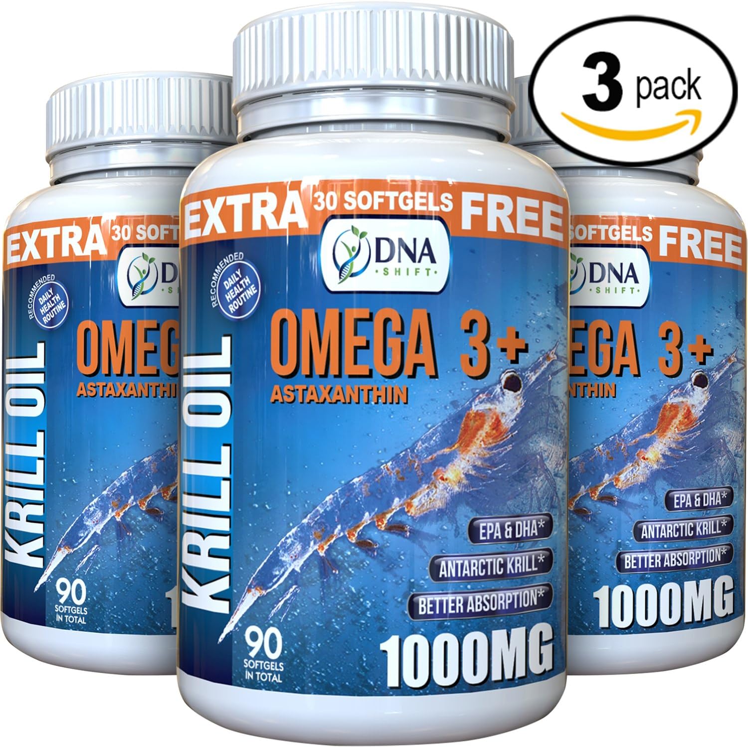 DNA Shift® 1000mg Krill Oil with Astaxanthin 3mg | Omega 3 Best for Sports Men and Women on Natural Supplements - Research Now Shows Antarctic Krill EPA & DHA Better Absorbed Than Fish Oil (3-Pack)