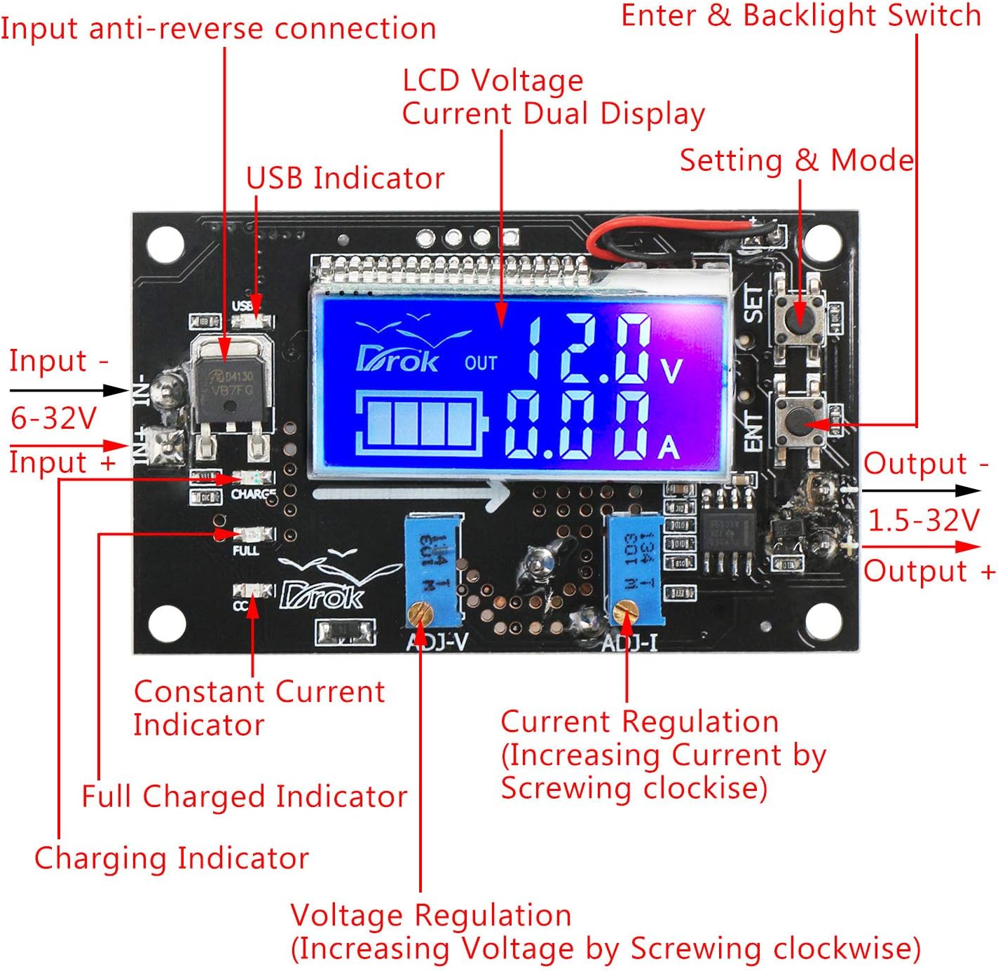 DC Buck Module, DROK Adjustable Buck Converter Step Down Voltage Regulator 6V-32V 30V 24V 12V to 1.5-32V 5V 5A LCD Power Supply Volt Reducer Transformer Module Board with USB Port Protective Case: Home Audio & Theater
