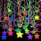 56 Pieces Rainbow Hanging Swirl Decorations Neon Swirl Streamers UV Neon Garland Ceiling Decorations Glow in The Dark Neon Party Supplies and Decorations Black Light Party Kit for Birthday Wedding
