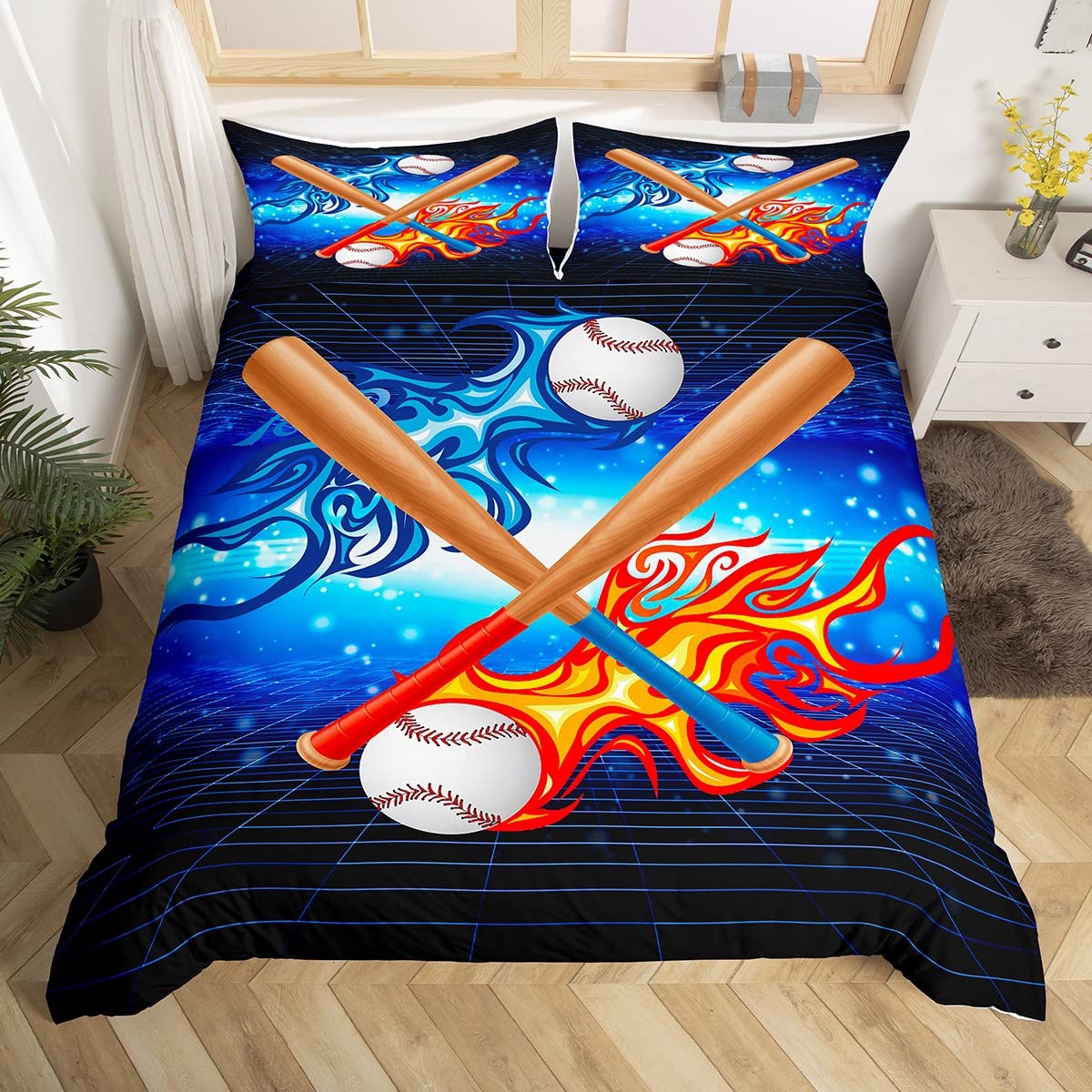 Baseball Duvet Cover Set Double Size, Red and Blue Fireball Comforter Cover with 2 Pillowcases, Sports Gaming Theme Bedding Set 3pcs for Kid Boys Teens Bedroom Decor Lightweight Bedspread Cover — image 1