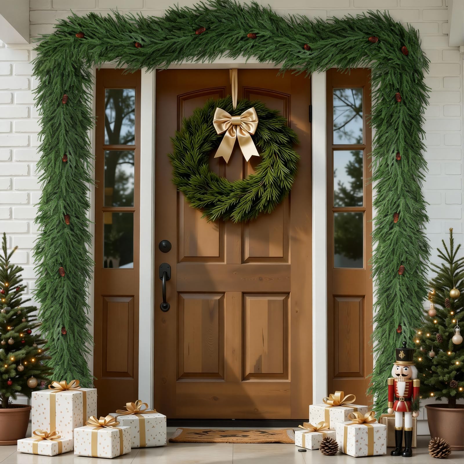 Photo 1 of SHareconn 9FT Lush Norfolk Pine Garland Decorations, Thick Real Touch Artificial Greenery Garland for Mantle Fireplace Table Stairs Railing Front Door Indoor Outdoor Holiday Christmas Decor,Green