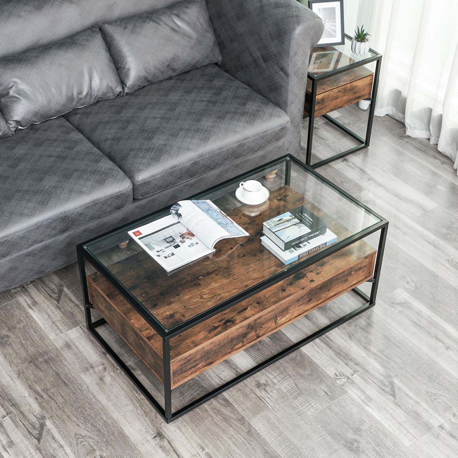 VASAGLE Industrial Coffee Table, Tempered Glass Top with 2 Drawers and