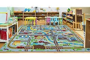Capslpad Kids Rug 6'6" x 9'8" Educational Learning Kids Play Area Rug Large Traffic Road Cars Rug Play Mat for Kids Toy Nursery Rug Kids Car Carpet for Playroom Living Room Classroom Decor, Sky Blue