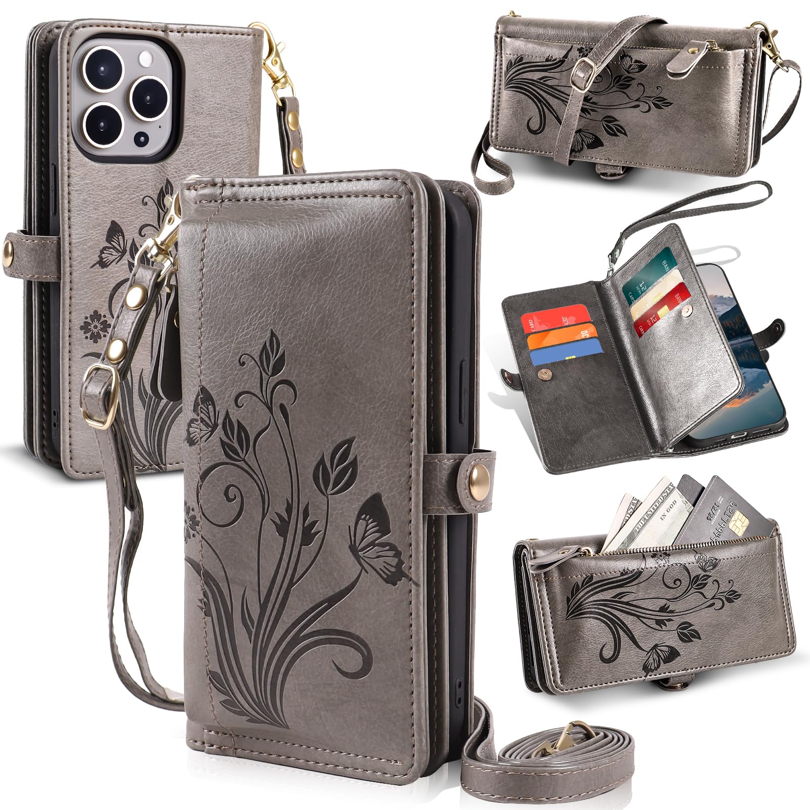 Lacass for iPhone 16 Pro Case Wallet,[Cards Theft Scan Protection] Card Holder Zipper Leather Flip Cover Crossbody Wrist Strap with Stand (Floral Gray)