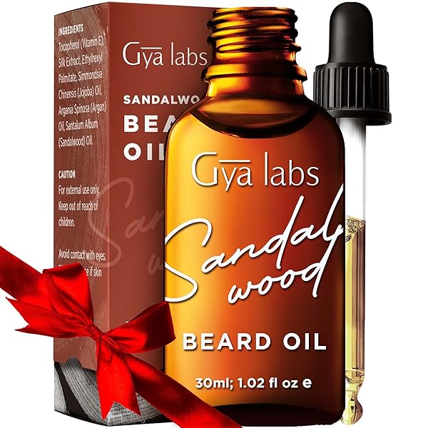 GYA LABS SANDALWOOD BEARD OIL FOR MEN GROWTH – 100% PURE NATURAL BEARD GROWTH OIL FOR MEN WITH ORGANIC ARGAN & JOJOBA – MOISTURIZES, SOFTENS & STRENGTHENS (1 FL OZ)