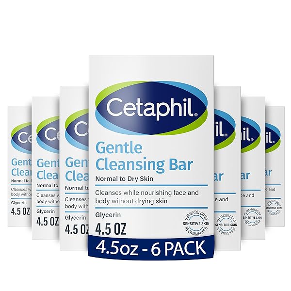 CETAPHIL GENTLE CLEANSING BAR, 4.5 OZ BAR (PACK OF 6), NOURISHING CLEANSING BAR FOR DRY, SENSITIVE SKIN, NON-COMEDOGENIC, (PACKAGING MAY VARY)