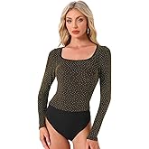 Allegra K Party Bodysuits for Women's Metallic Shiny Dots Square Neck Long Sleeve Top