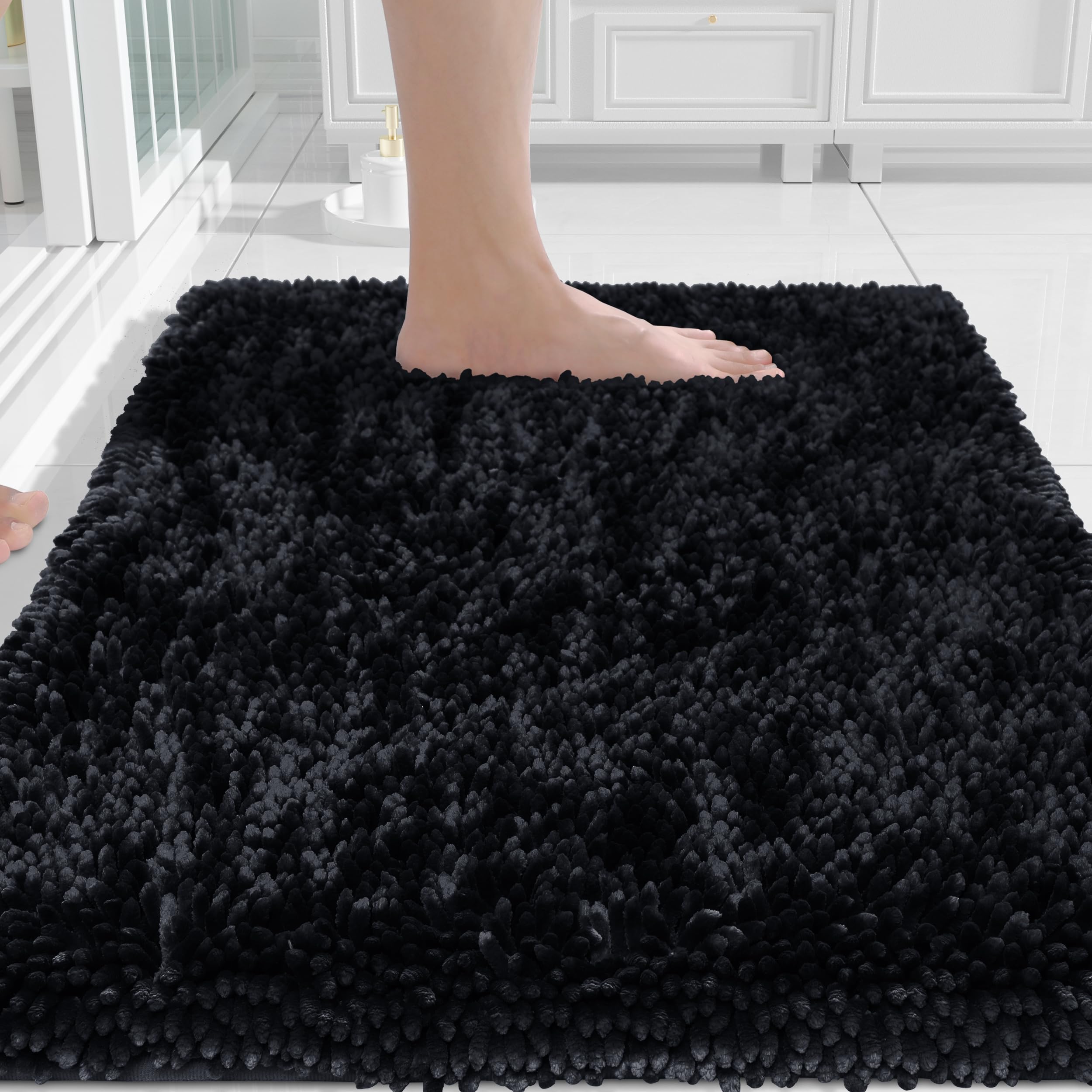 Photo 1 of Yimobra Chenille Bathroom Rugs Non Slip, Extra Thick Soft Absorbent Bath Rug 24x17 Inch, Machine Washable Quick Dry Bath Mat for Bathroom Floor, Tub and Shower, Home Decor Accessories, Black